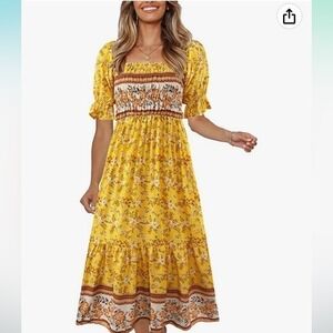 Bohemian Square Neck Floral Ruffle Vintage Flowy Vacation Long Midi Boho Dress